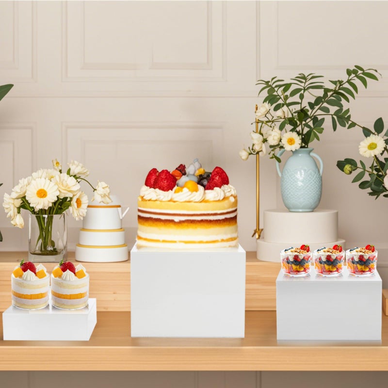 Hacaroa Set of 3 Acrylic Cube Riser Hollow Bottom, Glossy White Buffet Riser Food Display Stand, 5 Sides Cupcake Stand Nesting Display Boxes for Jewelry, Collectibles, Figures, 3 Sizes - Image 5