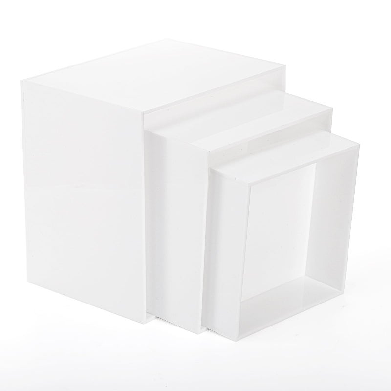 Hacaroa Set of 3 Acrylic Cube Riser Hollow Bottom, Glossy White Buffet Riser Food Display Stand, 5 Sides Cupcake Stand Nesting Display Boxes for Jewelry, Collectibles, Figures, 3 Sizes - Image 3