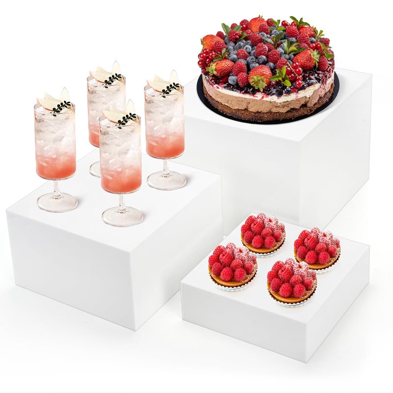 Hacaroa Set of 3 Acrylic Cube Riser Hollow Bottom, Glossy White Buffet Riser Food Display Stand, 5 Sides Cupcake Stand Nesting Display Boxes for Jewelry, Collectibles, Figures, 3 Sizes - Image 1