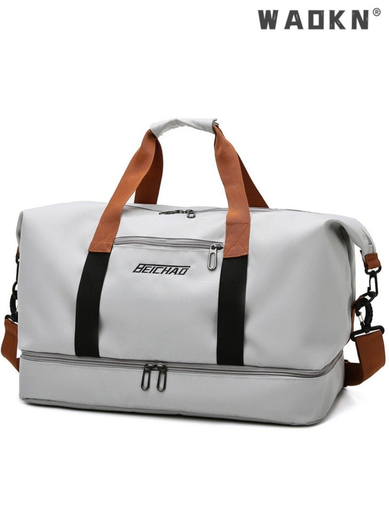 WAOKN Unisex Dry and Wet Separate Gym Sacks, Large Capacity Casual Fitness Bag Luggage Bag Travel Bag for Men and Women, Portable Independent Shoe Compartment Yoga Bag Duffle Bag（Grey）  - Image 1