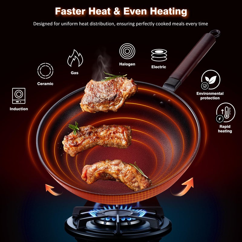 Teewe Carbon Steel Wok -13 Inch Woks & Stir-fry Pans Nonstick, Wok Pan with Glass Lid Spatula and Dish Brush: Pre-Seasoned Flat Bottom Chinese Wok for Induction, Electric, Gas, All Stoves - Image 3