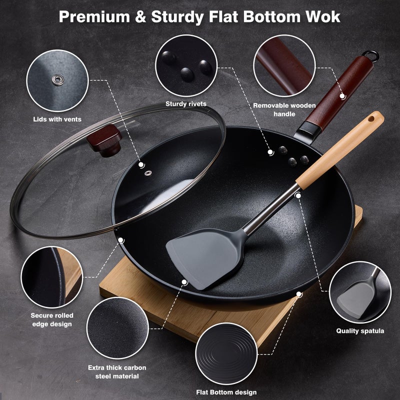 Teewe Carbon Steel Wok -13 Inch Woks & Stir-fry Pans Nonstick, Wok Pan with Glass Lid Spatula and Dish Brush: Pre-Seasoned Flat Bottom Chinese Wok for Induction, Electric, Gas, All Stoves - Image 5