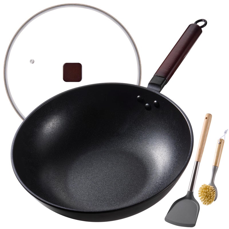 Teewe Carbon Steel Wok -13 Inch Woks & Stir-fry Pans Nonstick, Wok Pan with Glass Lid Spatula and Dish Brush: Pre-Seasoned Flat Bottom Chinese Wok for Induction, Electric, Gas, All Stoves - Image 1