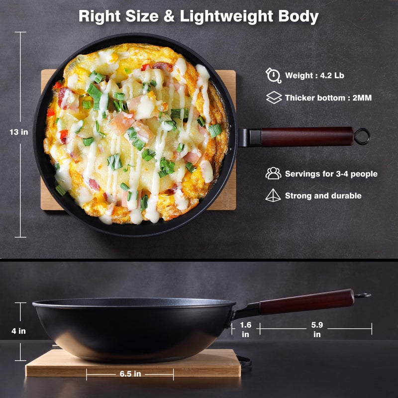 Teewe Carbon Steel Wok -13 Inch Woks & Stir-fry Pans Nonstick, Wok Pan with Glass Lid Spatula and Dish Brush: Pre-Seasoned Flat Bottom Chinese Wok for Induction, Electric, Gas, All Stoves - Image 2