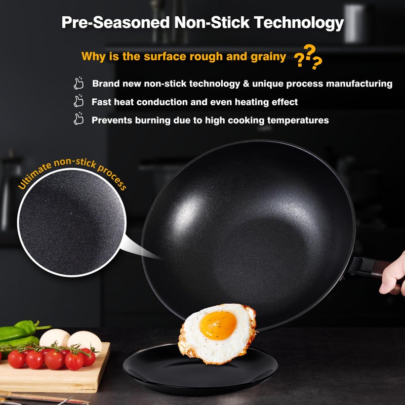 Teewe Carbon Steel Wok -13 Inch Woks & Stir-fry Pans Nonstick, Wok Pan with Glass Lid Spatula and Dish Brush: Pre-Seasoned Flat Bottom Chinese Wok for Induction, Electric, Gas, All Stoves - Image 4