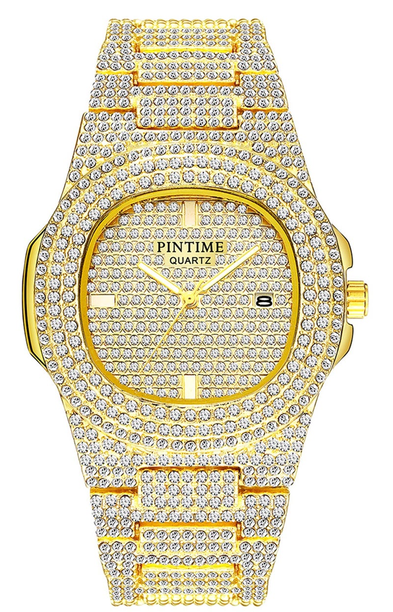 PINTIME ساعة دايموند للرجال من PINTIME، ساعة فاخرة للجنسين، فضية وذهبية، مزينة بالكريستال، ساعة كواتز من الفولاذ المقاوم للصدأ، ساعة معصم للنساء - Image 1