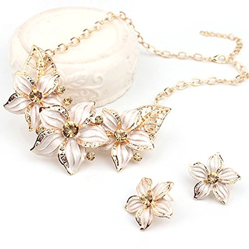 Zittop Fashion Women Crystal Flower Statement Gold Plated Necklace Earrings Jewelry Set (White) - Image 4