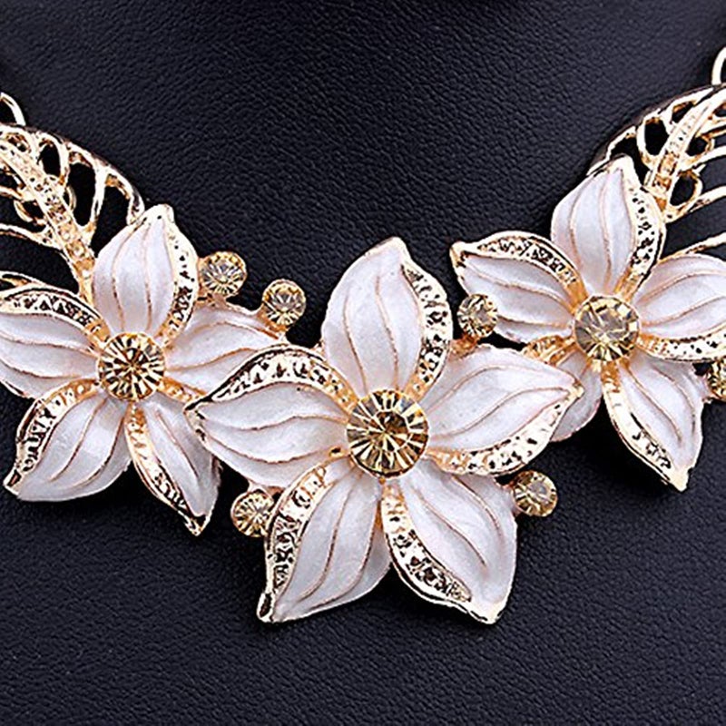 Zittop Fashion Women Crystal Flower Statement Gold Plated Necklace Earrings Jewelry Set (White) - Image 2