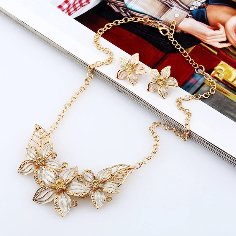 Zittop Fashion Women Crystal Flower Statement Gold Plated Necklace Earrings Jewelry Set (White) - Image 5