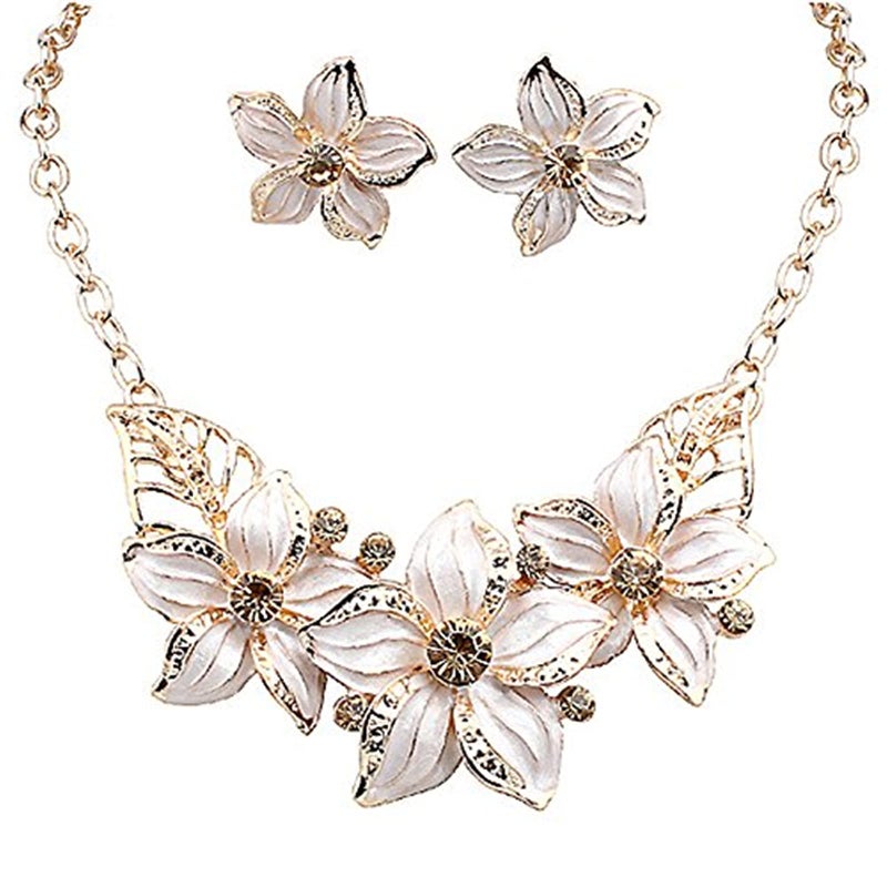 Zittop Fashion Women Crystal Flower Statement Gold Plated Necklace Earrings Jewelry Set (White) - Image 1