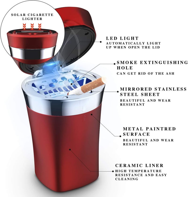 SOLARXIA Car Ashtray, Auto Ashtray Cigar Electronic Cigarette Lighter Detachable Solar Powered/USB Rechargeable with Lid Blue LED Light for Most Car Cup Holder Home Office (Red) - Image 5