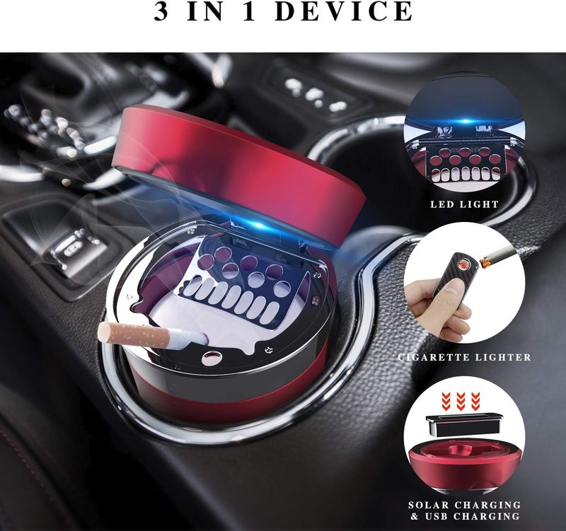 SOLARXIA Car Ashtray, Auto Ashtray Cigar Electronic Cigarette Lighter Detachable Solar Powered/USB Rechargeable with Lid Blue LED Light for Most Car Cup Holder Home Office (Red) - Image 3