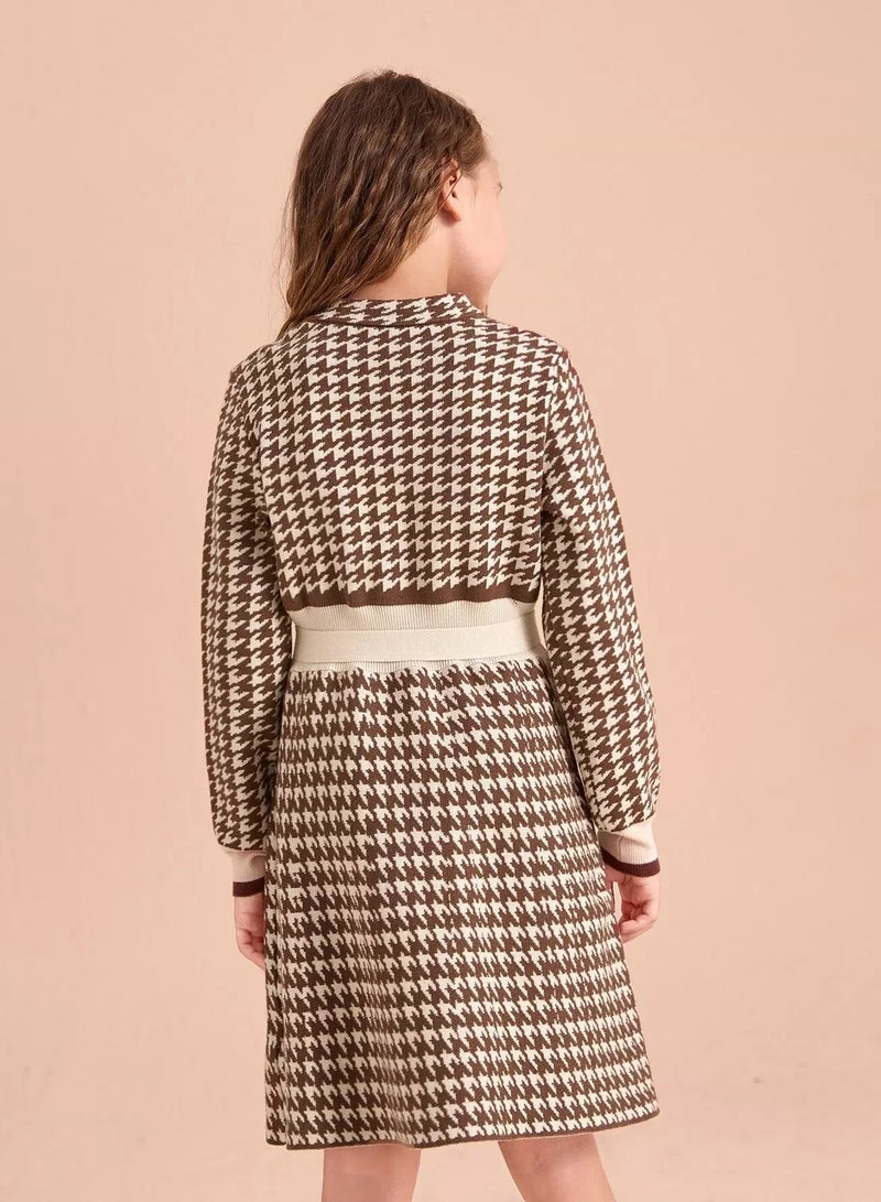 Girls Houndstooth Pattern Belted Sweater Dress - Image 2