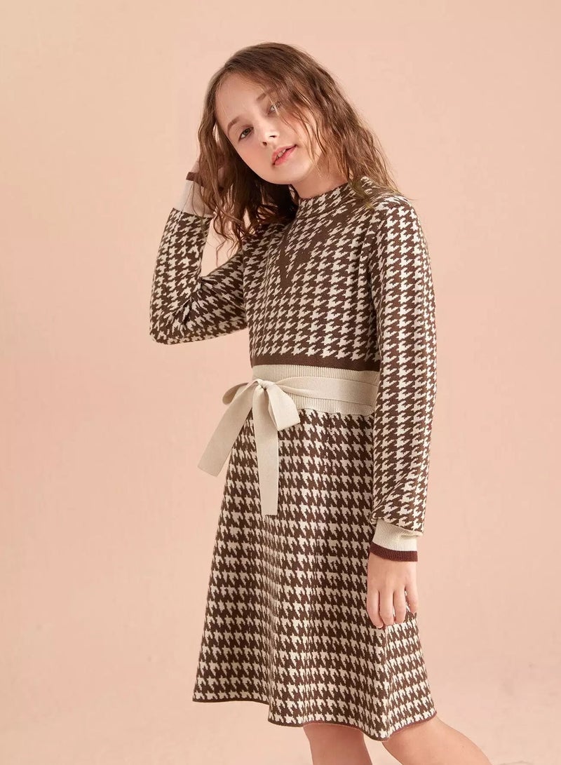Girls Houndstooth Pattern Belted Sweater Dress - Image 5