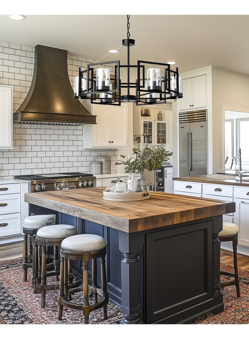 WISFOR Farmhouse Black Chandelier, 6-Light Industrial Ceiling Pendant Light with Clear Glass Shades, Modern Matte Black Lighting Fixture for Dining Room, Kitchen Island, or Foyer  - Image 2
