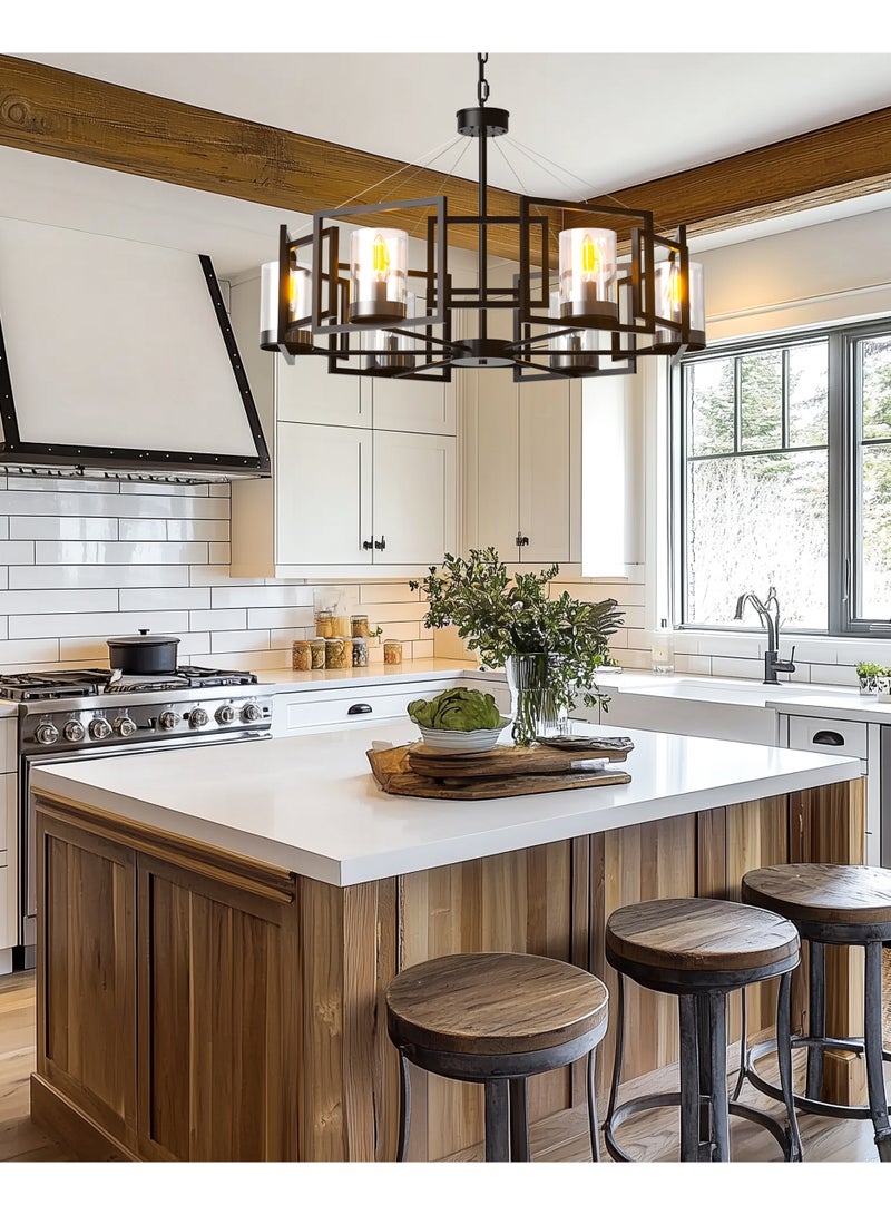 WISFOR Farmhouse Black Chandelier, 6-Light Industrial Ceiling Pendant Light with Clear Glass Shades, Modern Matte Black Lighting Fixture for Dining Room, Kitchen Island, or Foyer  - Image 3