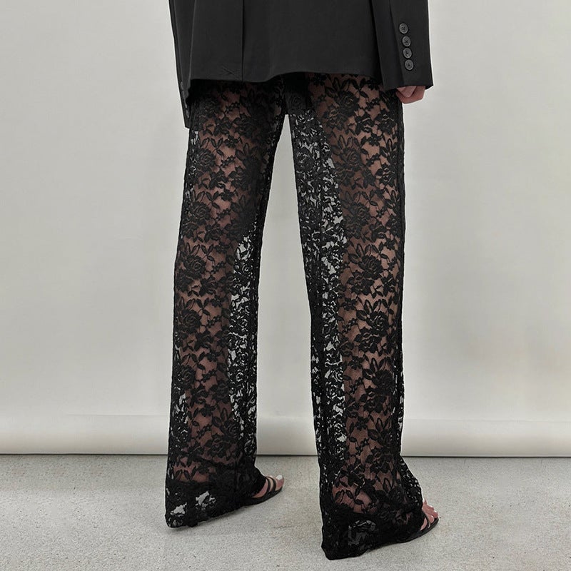 Summer Lace Sheer High-Waisted Palazzo Pants Black  - Image 4