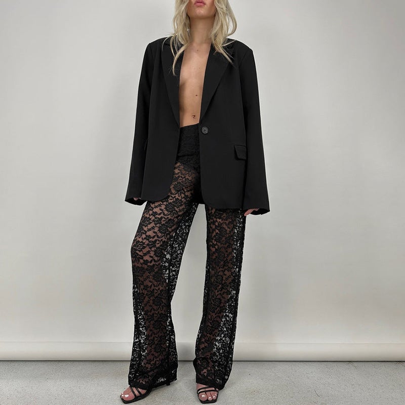 Summer Lace Sheer High-Waisted Palazzo Pants Black  - Image 5