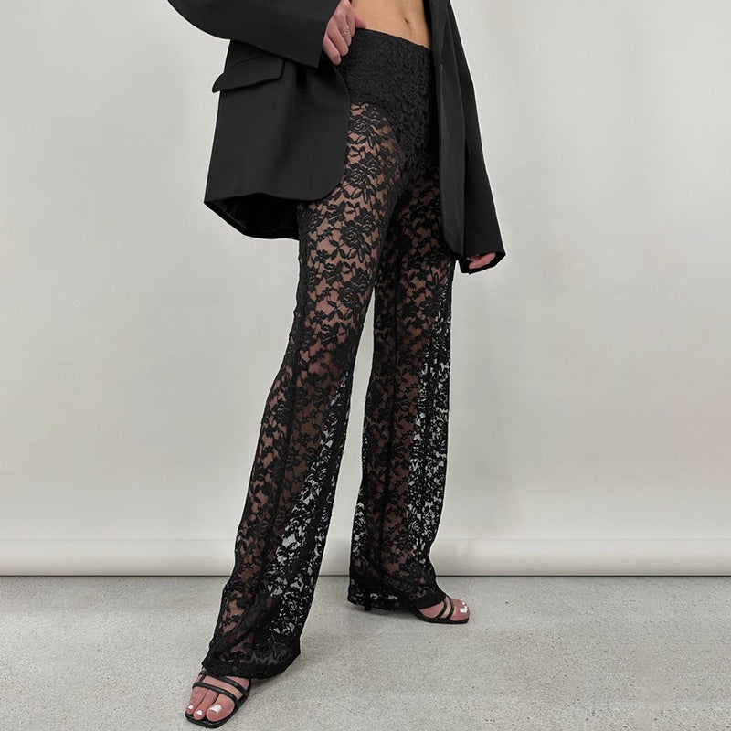 Summer Lace Sheer High-Waisted Palazzo Pants Black  - Image 2