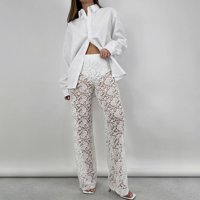 Summer Lace Sheer High-Waisted Palazzo Pants Black  - Image 3