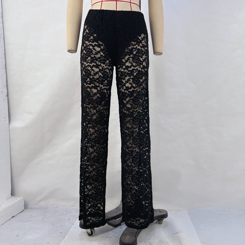Summer Lace Sheer High-Waisted Palazzo Pants Black  - Image 1