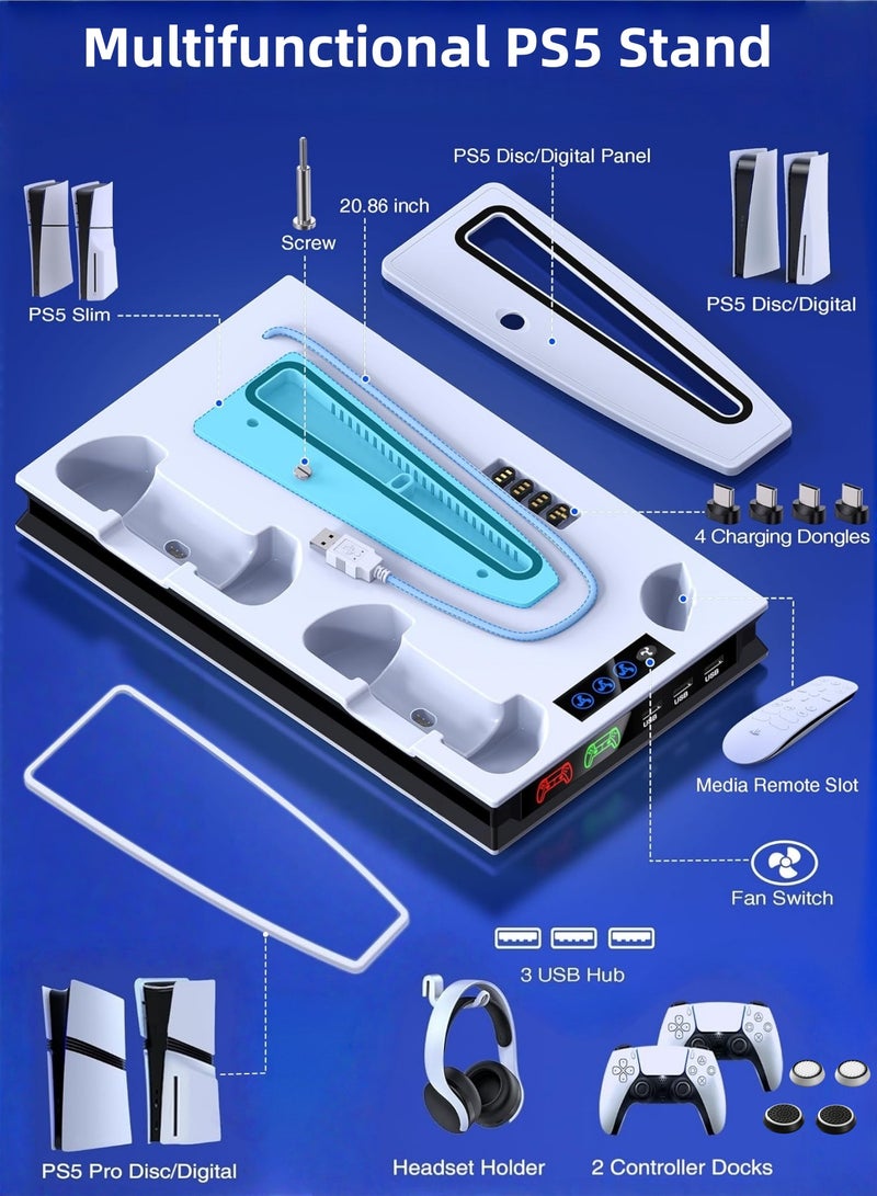 كول رابي مروحة تبريد لجهاز PS5 Slim وPS5 Pro مع شاحن مزدوج لوحدات تحكم PS5، محطة تبريد لجهاز PlayStation 5 (إصدارات الأقراص والإصدارات الرقمية) وملحقات PlayStation 5، تتضمن مروحة تبريد بثلاثة مستويات، و3 منافذ USB، وحامل سماعة رأس، وفتحة وسائط، لون أبيض - Image 2
