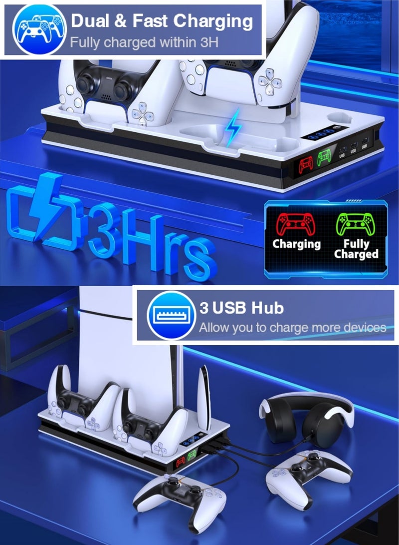 كول رابي مروحة تبريد لجهاز PS5 Slim وPS5 Pro مع شاحن مزدوج لوحدات تحكم PS5، محطة تبريد لجهاز PlayStation 5 (إصدارات الأقراص والإصدارات الرقمية) وملحقات PlayStation 5، تتضمن مروحة تبريد بثلاثة مستويات، و3 منافذ USB، وحامل سماعة رأس، وفتحة وسائط، لون أبيض - Image 4