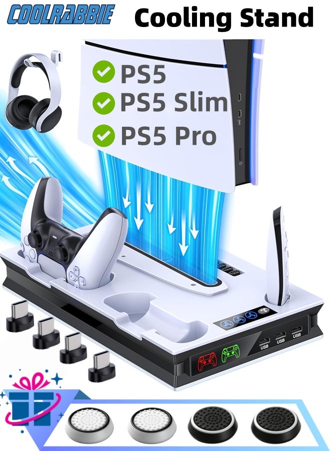 كول رابي مروحة تبريد لجهاز PS5 Slim وPS5 Pro مع شاحن مزدوج لوحدات تحكم PS5، محطة تبريد لجهاز PlayStation 5 (إصدارات الأقراص والإصدارات الرقمية) وملحقات PlayStation 5، تتضمن مروحة تبريد بثلاثة مستويات، و3 منافذ USB، وحامل سماعة رأس، وفتحة وسائط، لون أبيض - Image 1