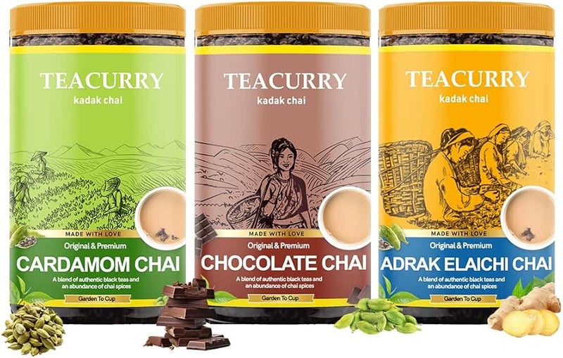 TEACURRY باقة شاي تيكاري (3 × 100 جرام) - شاي الهيل، شاي الشوكولاتة، شاي الزنجبيل والهيل | باقة شاي بنكهة طبيعية 100% أصيلة - Image 1