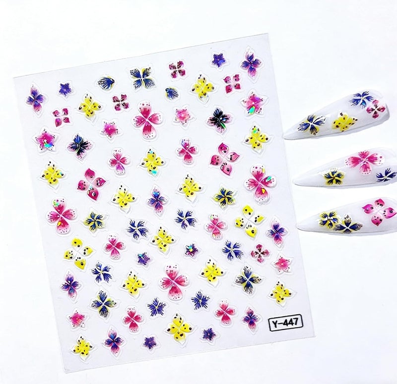 Sevgob 6Sheets Flower Nail Stickers 5D Embossed Colorful Floral Daisy Nail Decals Cute Hibiscus Petal Nail Designs Spring Nails Supplies 3D Self-Adhesive Summer Nails Stickers Decals for Women DIY Manicure - Image 3