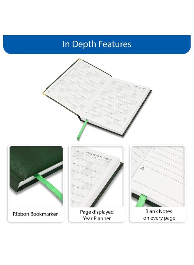 FIS 2026 Diary, A5 Size Diary(148x210mm), Hard Cover Vinyl Materials, 1 Sided Padded, Golden Corners, Saturday & Sunday Combined, English, 60gsm White Paper, Green Color-FSDI92E26GR - Image 5