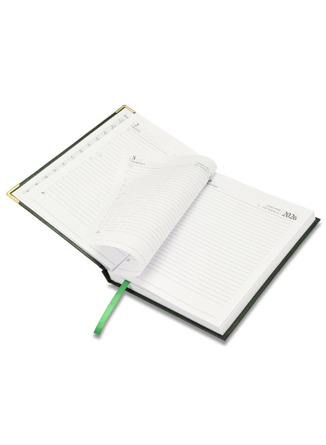 FIS 2026 Diary, A5 Size Diary(148x210mm), Hard Cover Vinyl Materials, 1 Sided Padded, Golden Corners, Saturday & Sunday Combined, English, 60gsm White Paper, Green Color-FSDI92E26GR - Image 4