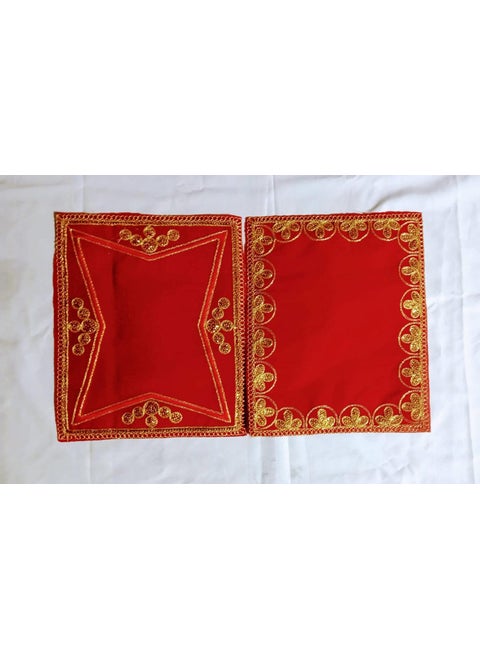 DEV POOJA STORE Designer Golden Lace Asan and Designer Golden Red Lace Aasan Red Asan for Puja Chowki Elegant Design Asan 10x9