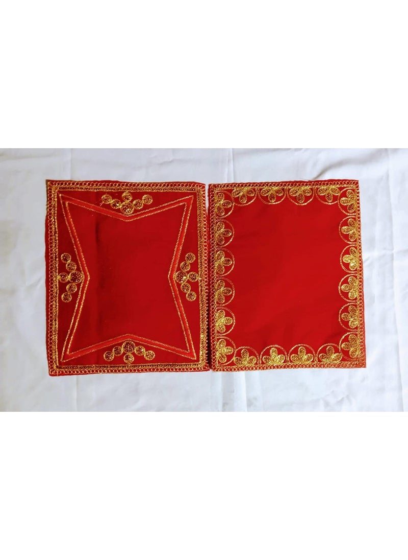 DEV POOJA STORE DEV POOJA STORE Designer Golden Lace Asan and Designer Golden Red Lace Aasan Red Asan for Puja Chowki Elegant Design Asan 10x9  - Image 1