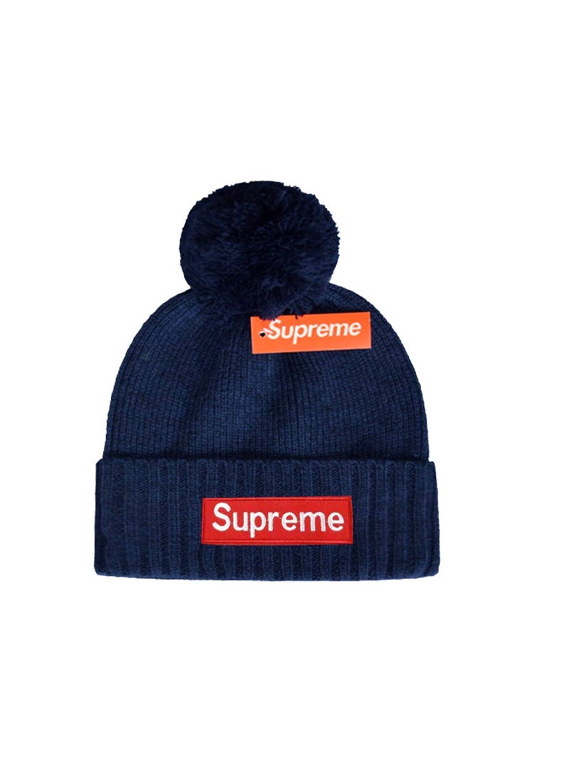Supreme Navy Blue Pom-Pom Knit Beanie with Red Box Logo Patch & Orange Hang Tag
