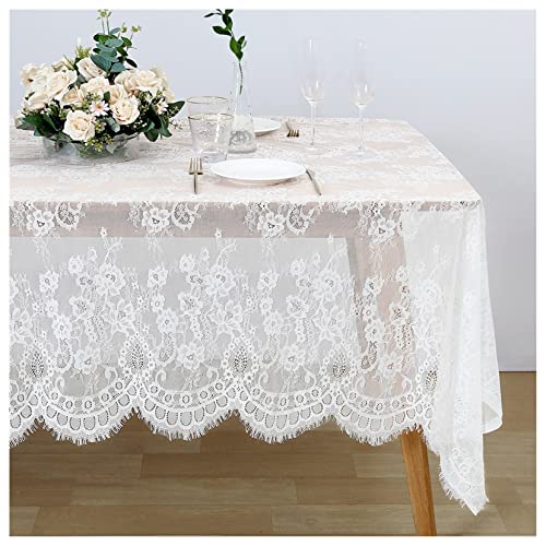 FanQiSi 60x120 Inches White Lace Tablecloth Rectangle Vintage Embroidered Lace Table Cover for Wedding Party Home Outdoor Fall Table Decorations - Image 1