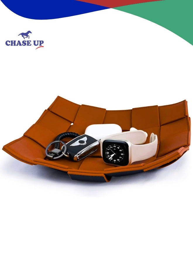 Chase Up Valet Tray Desktop Storage Organizer for Men, PU Leather Key Holder Bowl for Entryway Table Bedside Nightstand Desk, Catchall Organizer Tray for Wallet, Watch, Key, Phone, Jewelry, Brown & Black - Image 1