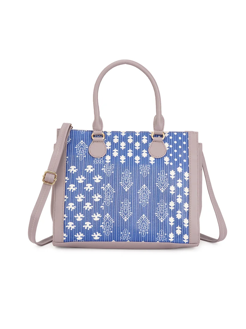 جلو باص حقيبة يد نسائية جلد نباتي أزرق بطبعة أزهار بمقبضين