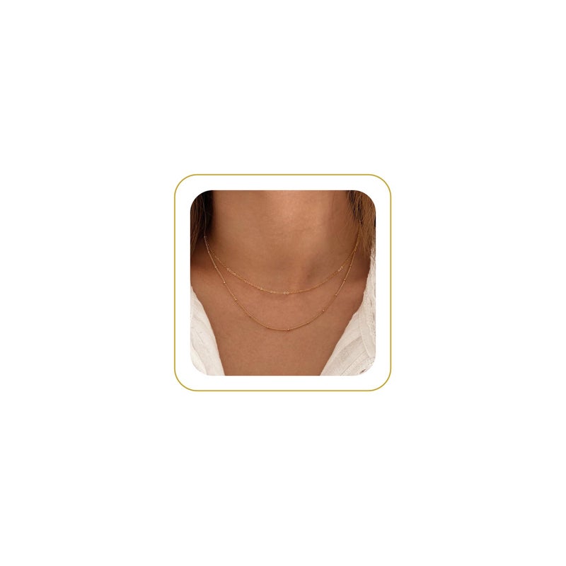 Tewiky Gold Necklace for Women, 14k Gold Plated Layered Satellite Chain Necklace Dainty Gold Choker Necklaces Simple Layering Beaded Necklaces Aesthetic Gold Jewelry for Women - Image 1