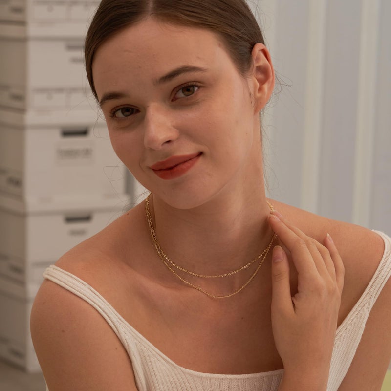 Tewiky Gold Necklace for Women, 14k Gold Plated Layered Satellite Chain Necklace Dainty Gold Choker Necklaces Simple Layering Beaded Necklaces Aesthetic Gold Jewelry for Women - Image 3