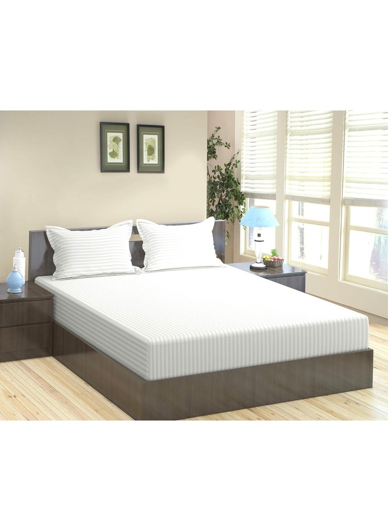 Bombay Dyeing Bombay Dyeing 210 Thread Count Cotton Satin Stripe King Size Bedsheet, 274cm x 274cm, White  - Image 1