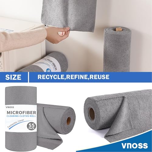 Vnoss 55 Pack Microfiber Cleaning Cloth Roll, Tear Away Reusable Towels, 11" X 9", Ultra Absorbent & Lint Free Cloth for Cars, Kitchen, Window, Home and Shop, Grey - Image 2