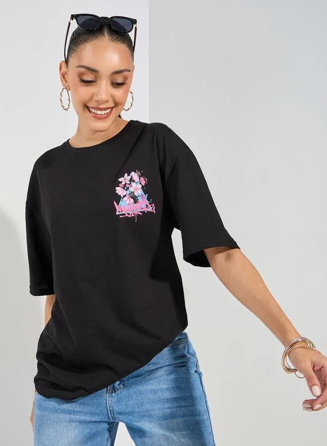Styli Oversized Floral Graphic Print Longline T-Shirt
