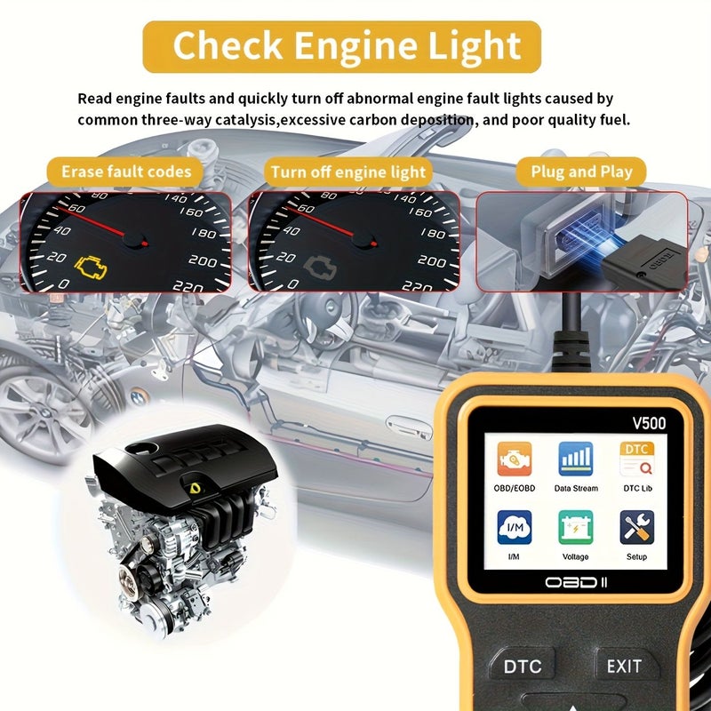 قارئ رموز تشخيص OBD2، جهاز اختبار الجهد، ماسح المحرك، اللون الأصفر - Image 3