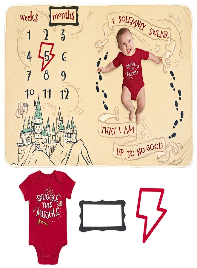 Harry Potter Newborn Baby Boys Bodysuit and Monthly Milestone Blanket 4 Piece Maroon/White 0-3 Months - Image 1