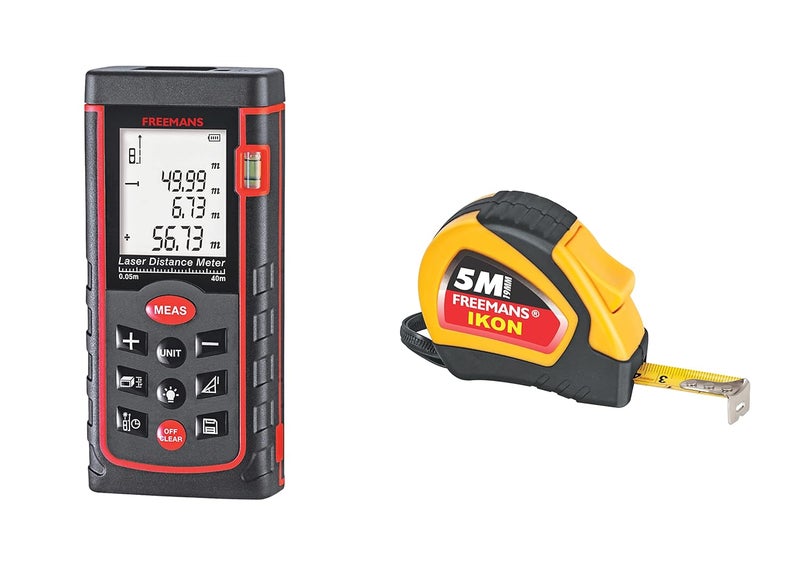 FREEMANS PRO-L40 Professional Laser Distance Meter - 40m with Area, Volume, Pythagorean Measurement and Self-Calibration Function, Carry Bag and Batteries Included and IKON 5m 19mm Measuring Tape - 5m - Image 1