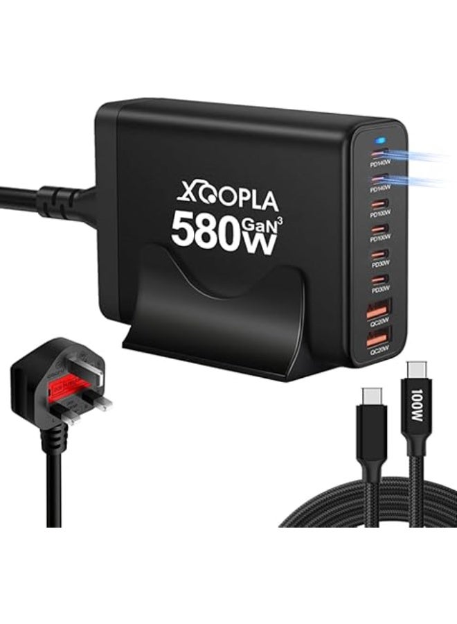Xoopla 580W Fast Charging Station, 8-Ports USB C Charger with 2 X 140W Type C PD3.1, 100W USB C Cable, Multi Gan Charger Power Adapter Plug for iPhone, iPad, MacBook, Galaxy and More - Image 1