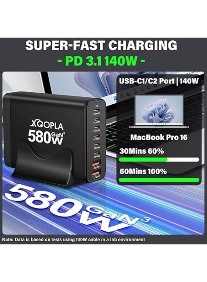 Xoopla 580W Fast Charging Station, 8-Ports USB C Charger with 2 X 140W Type C PD3.1, 100W USB C Cable, Multi Gan Charger Power Adapter Plug for iPhone, iPad, MacBook, Galaxy and More - Image 4