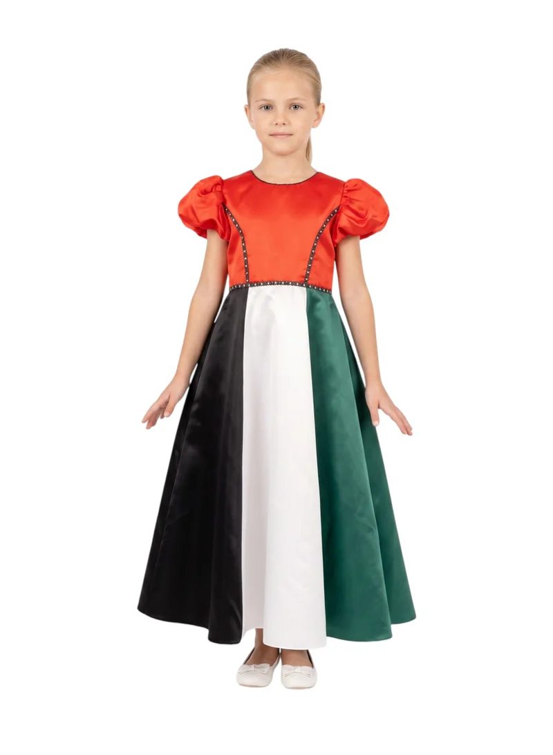 Bidani Little Patriot UAE Flag Short Puff-Sleeve Satin Celebration Gown
