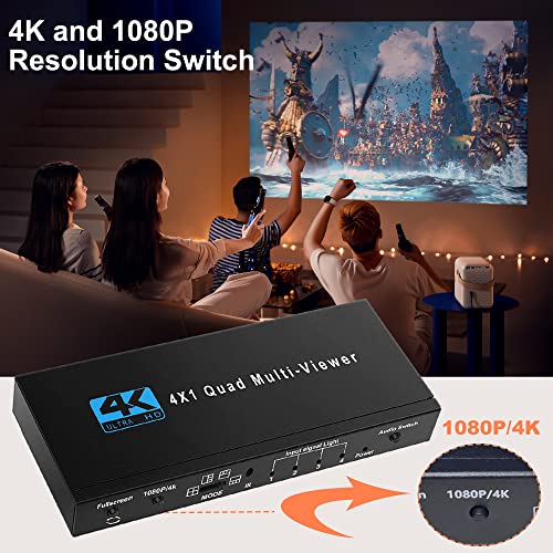 WrixWric HDMI Multiviewer Switch 4X1, WrixWric HDMI Quad Multi-Viewer Seamless Switcher 4 in 1 Out with IR Remote, Support 4K 30Hz, 5 Display Modes for Security Camera, Monitor, Gaming Consoles - Image 4